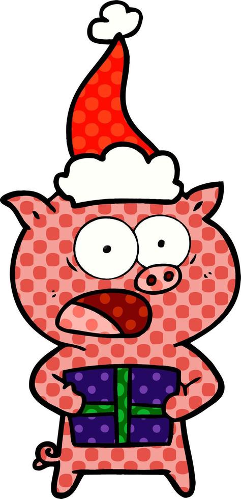 comic book style illustration of a pig with christmas present wearing santa hat vector