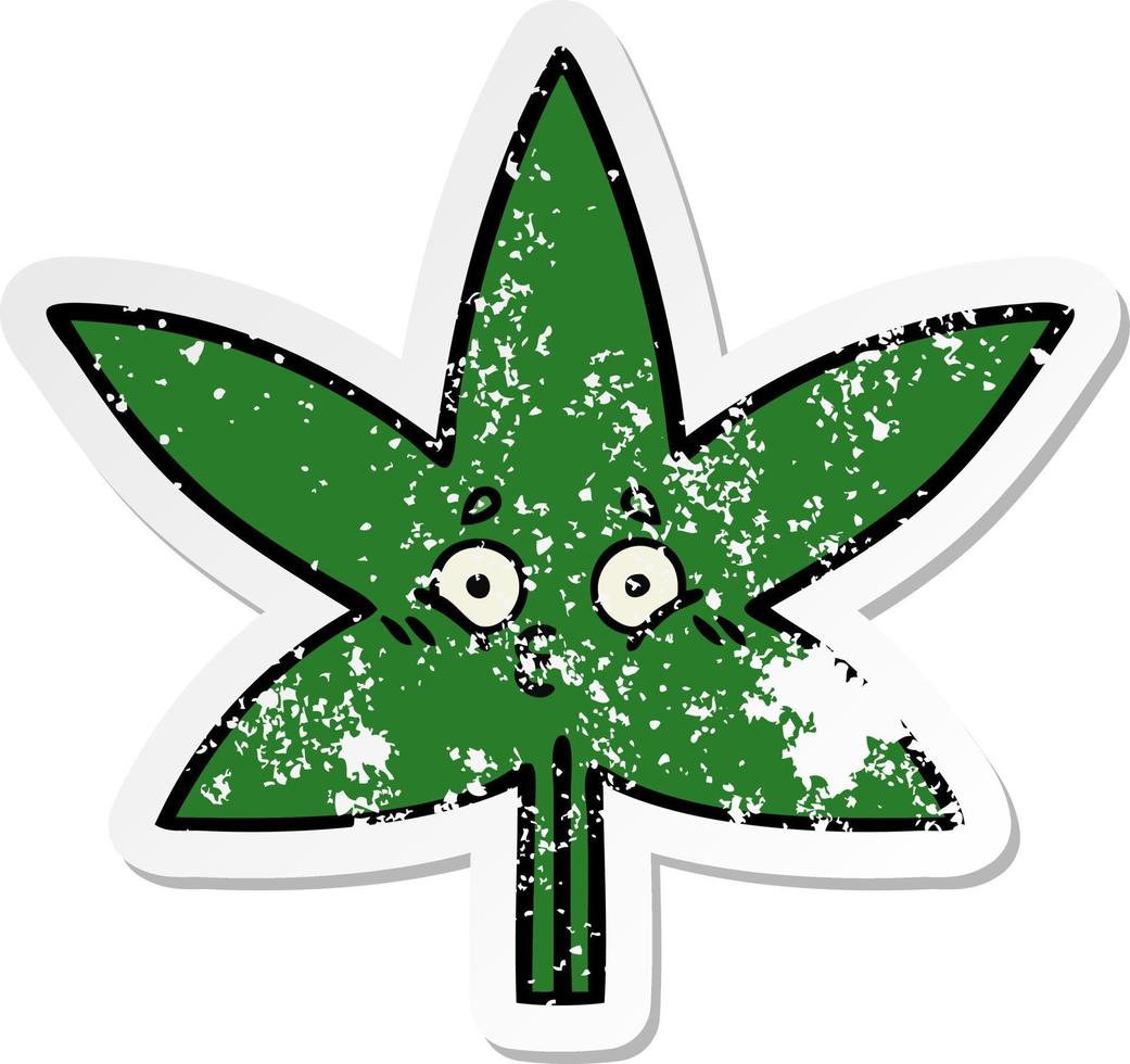 distressed sticker of a cute cartoon marijuana leaf vector