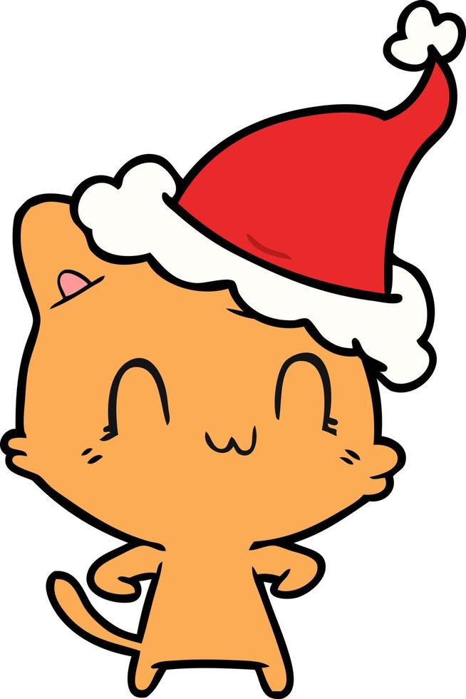 dibujo lineal de un gato feliz con sombrero de santa vector