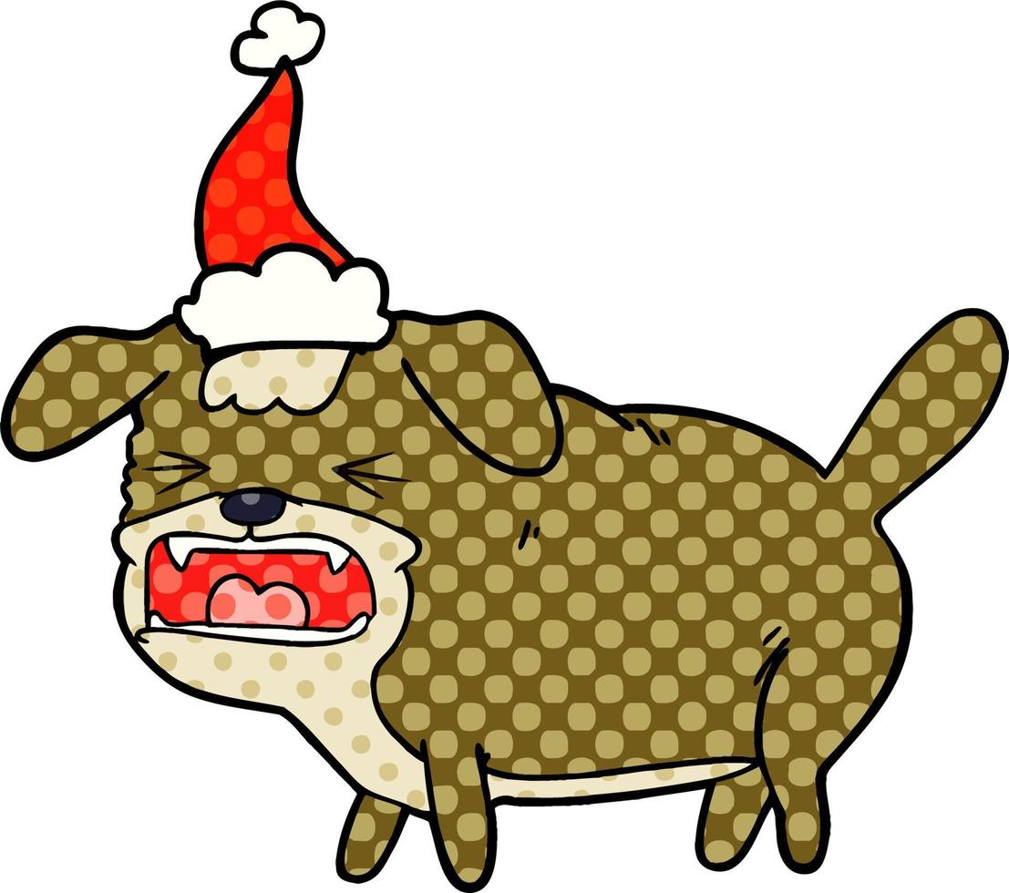 comic book style illustration of a dog barking wearing santa hat vector