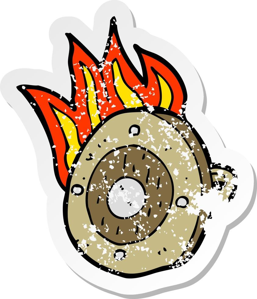 retro distressed sticker of a cartoon burning shield vector