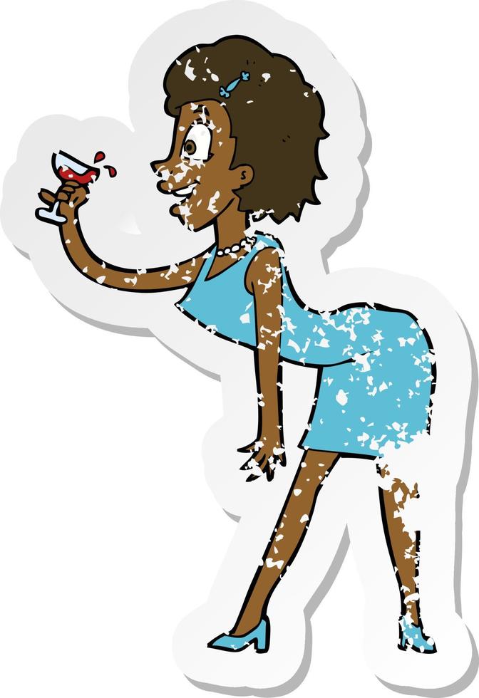 retro distressed sticker of a cartoon woman with drink vector