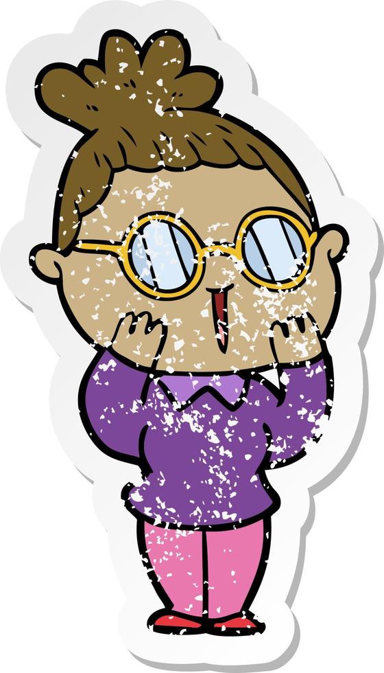 distressed sticker of a cartoon woman wearing spectacles vector