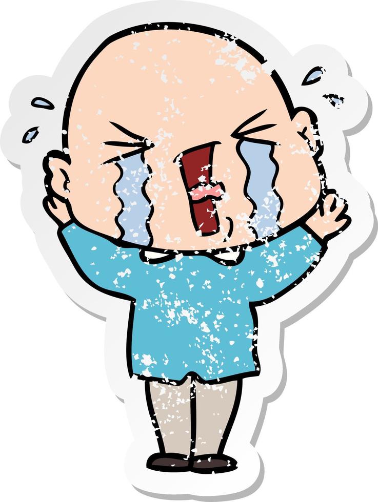 distressed sticker of a cartoon crying bald man vector