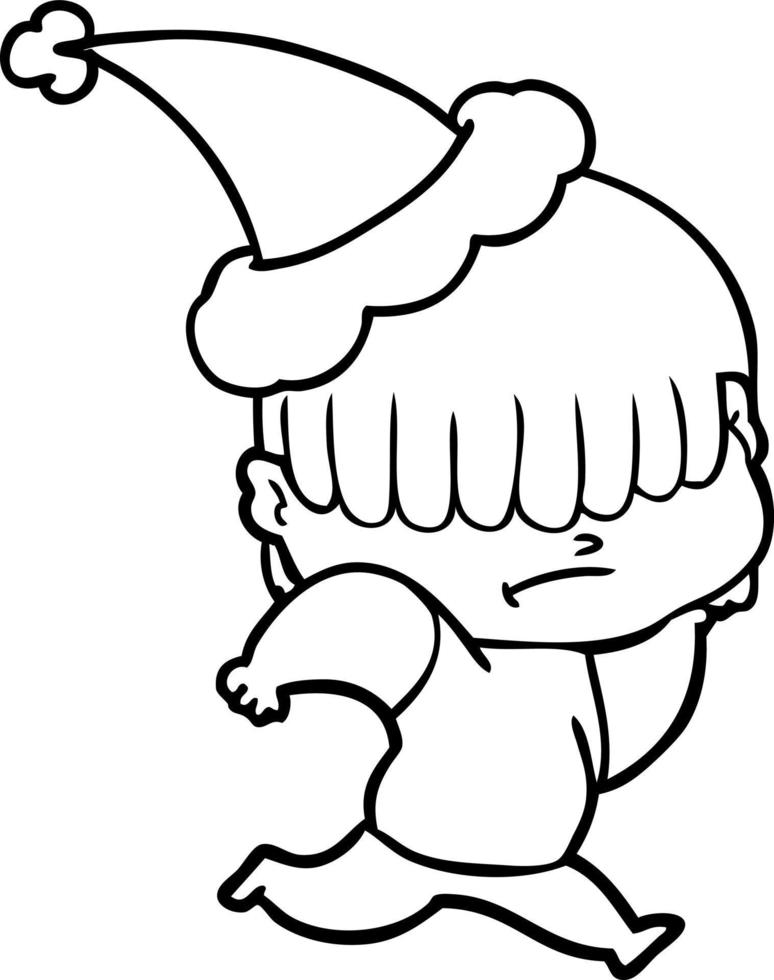 line drawing of a boy with untidy hair wearing santa hat vector