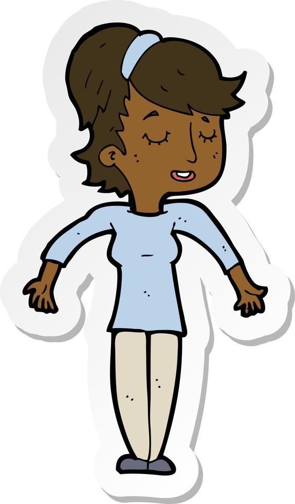 sticker of a cartoon friendly woman shrugging shoulders vector