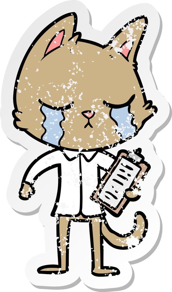 distressed sticker of a crying cartoon business cat vector