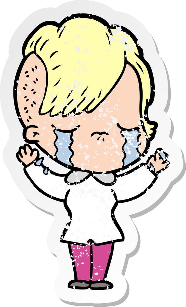 distressed sticker of a cartoon crying girl vector