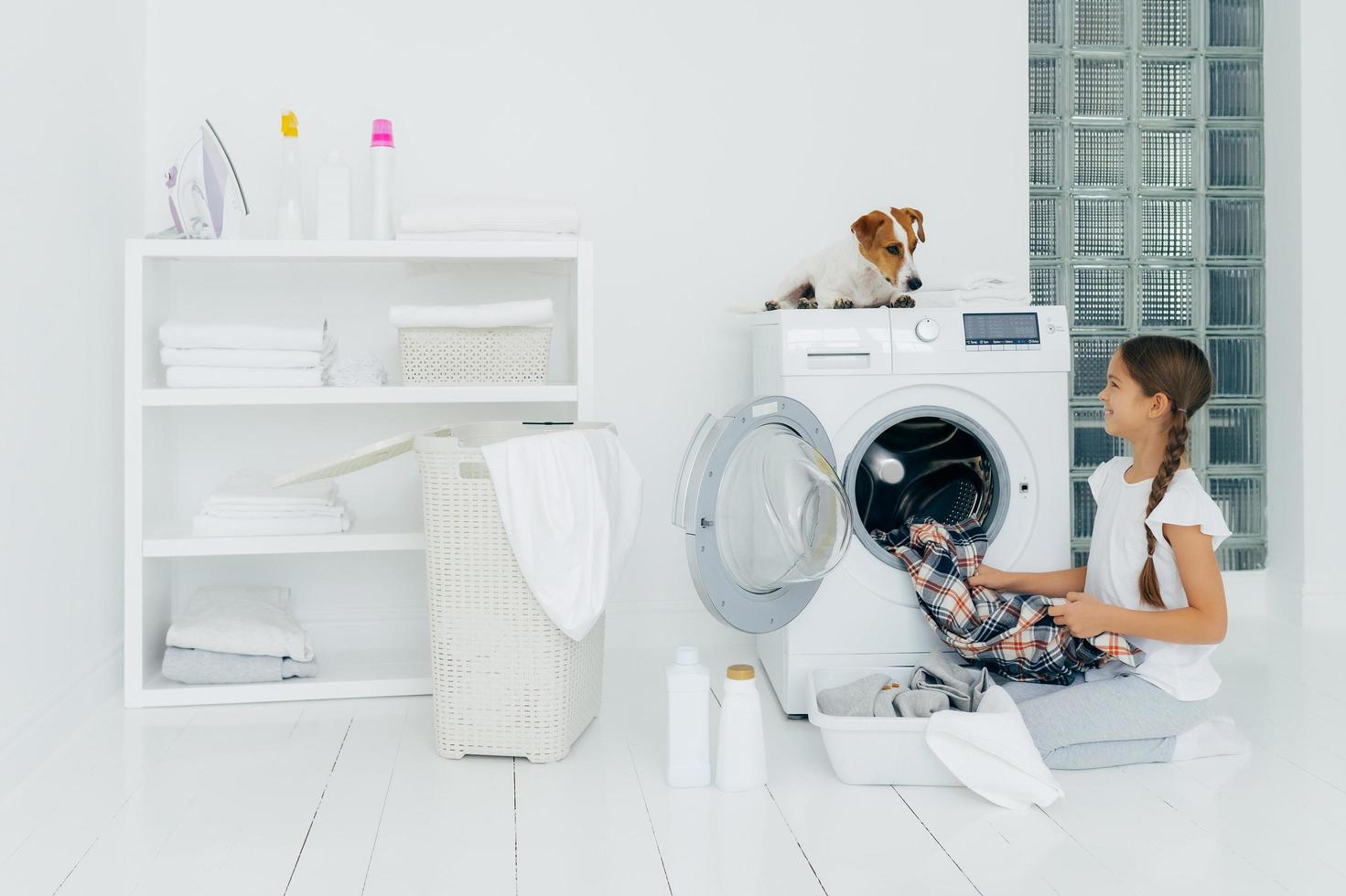 Positive girl emptying washing machine, holds clean checkered shirt, looks with smile at favourite pet who helps with doing laundry, poses on white floor with basin full of clothes, cleaning agents. photo