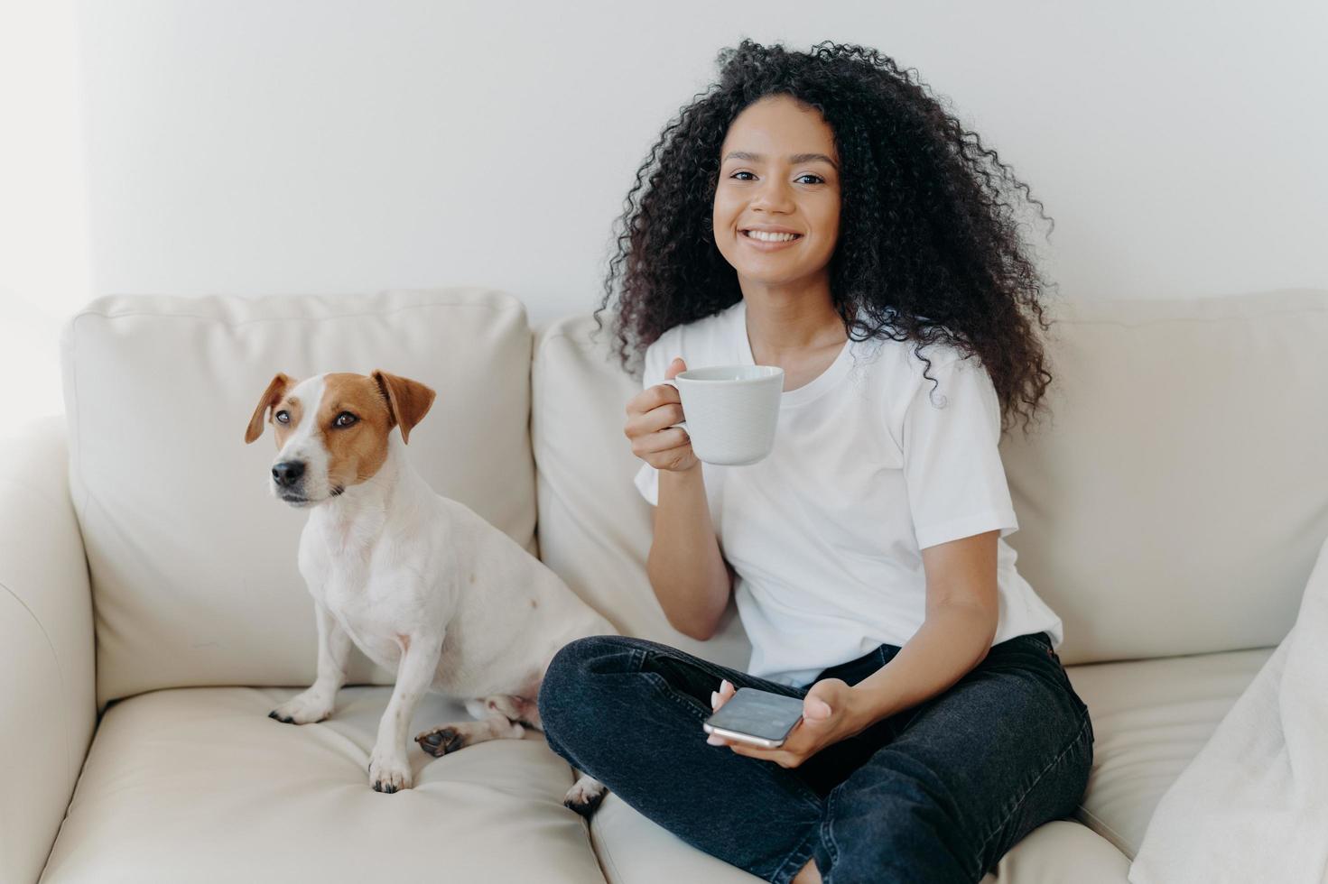 Positive lovely teenage girl with glad expression, texts message in social media, uses app on cellular, connected to wireless internet, poses on couch with dog, drinks tea, spends free time at home. photo