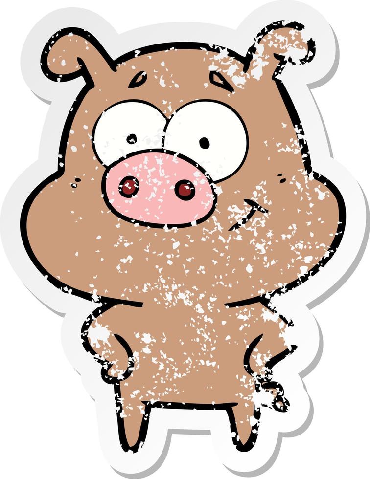 distressed sticker of a happy cartoon pig vector