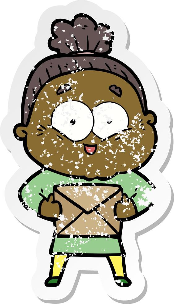 distressed sticker of a cartoon happy old woman vector