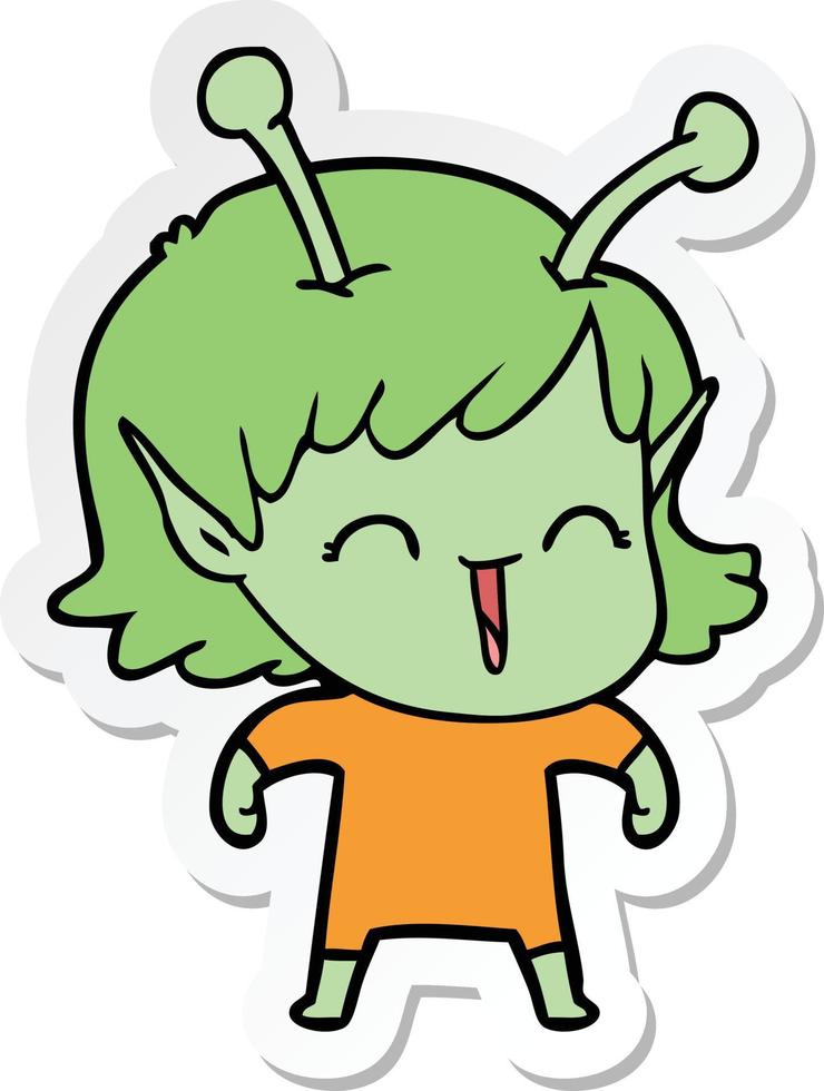 sticker of a cartoon alien girl laughing vector