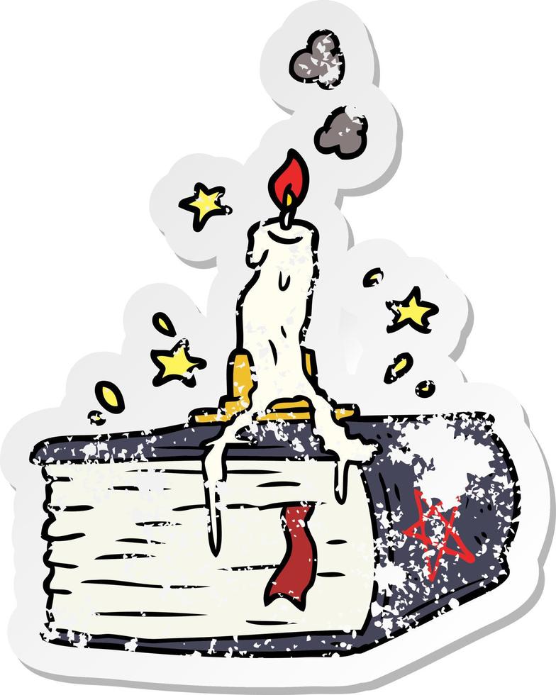 distressed sticker of a cartoon spooky spellbook vector