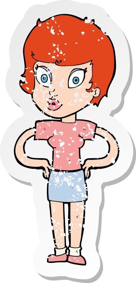 retro distressed sticker of a cartoon woman with hands on hips vector