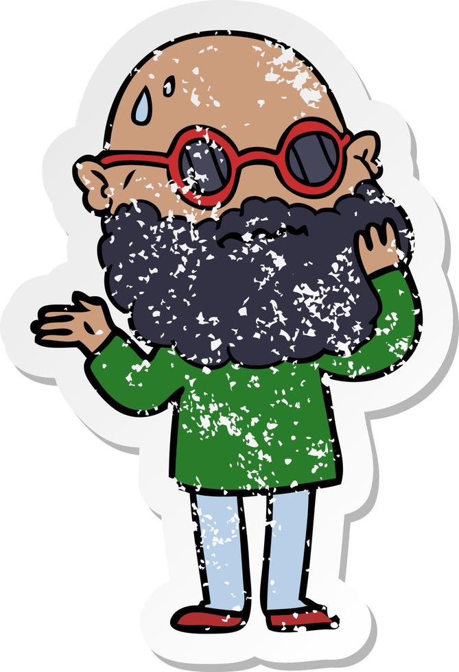 distressed sticker of a cartoon worried man with beard and sunglasses vector