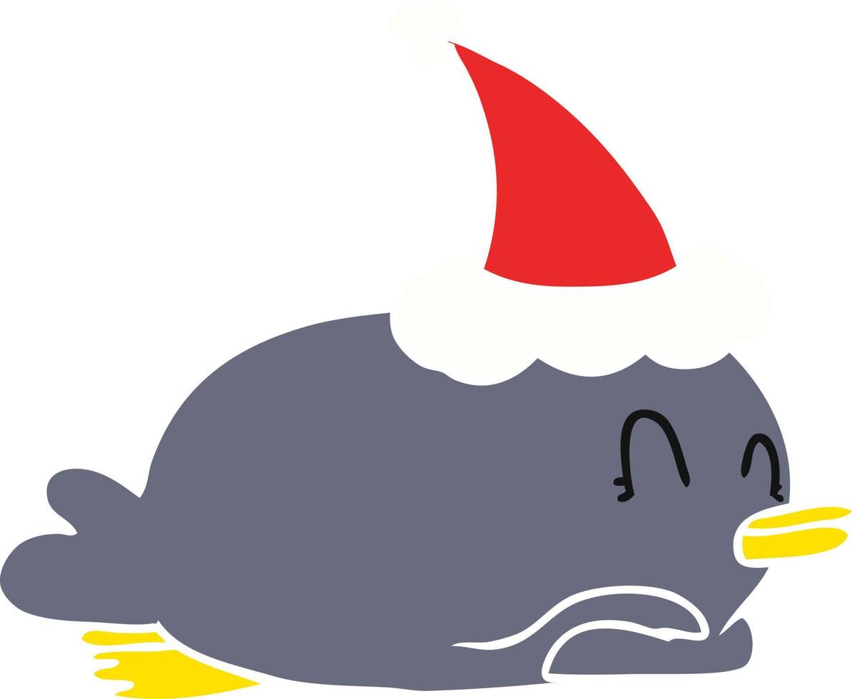 penguin lying on belly wearing santa hat vector