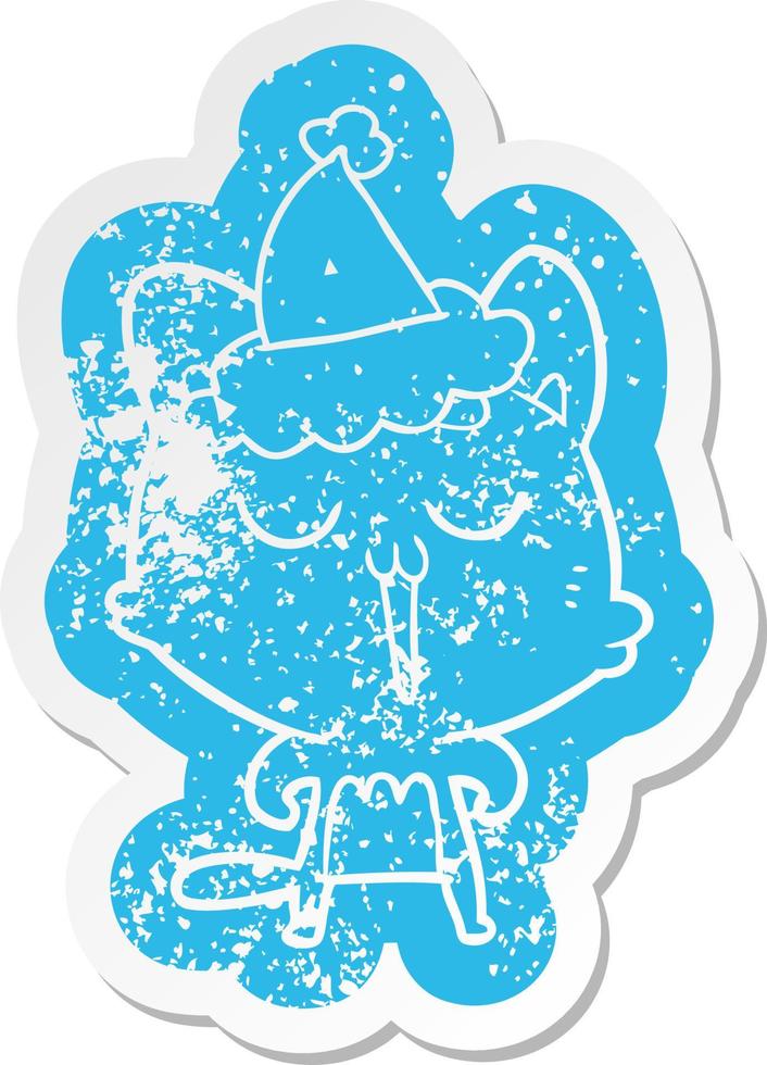 cartoon distressed sticker of a cat singing wearing santa hat vector