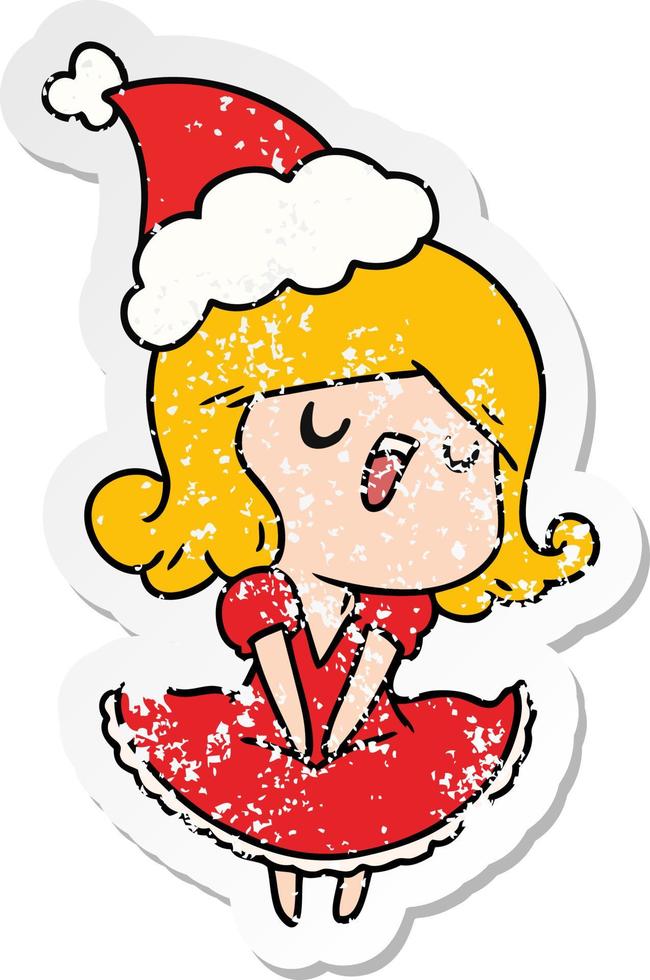 christmas distressed sticker cartoon of kawaii girl vector