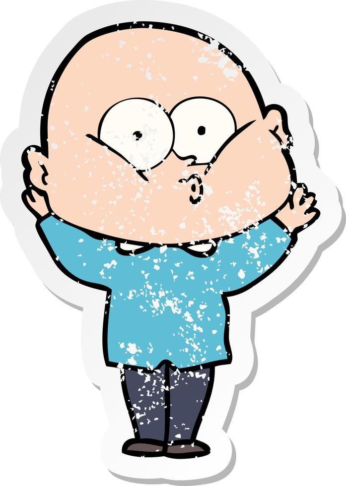 distressed sticker of a cartoon bald man staring vector