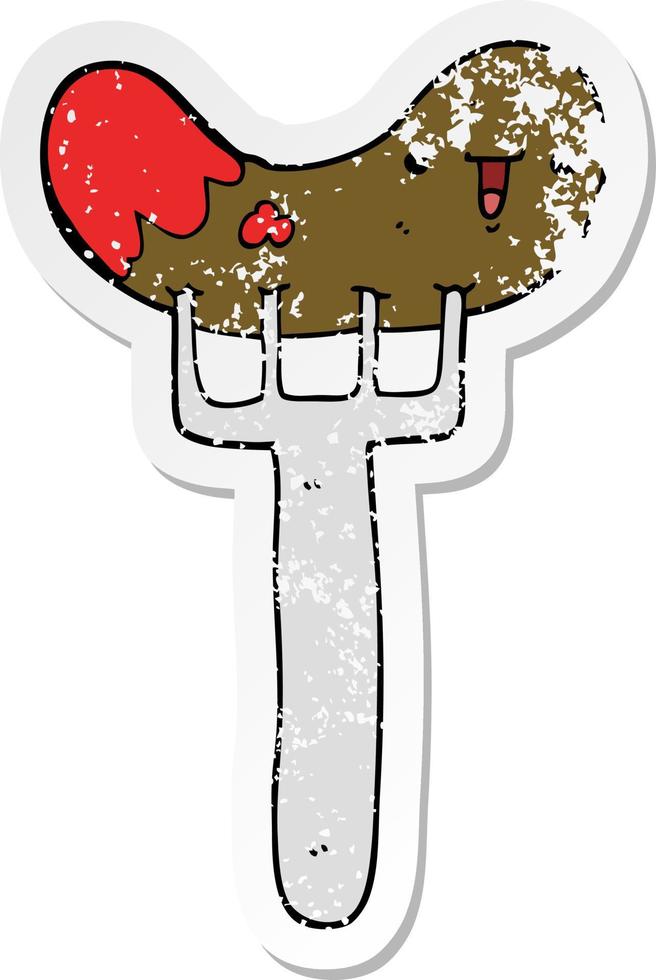 distressed sticker of a cartoon sausage and fork vector
