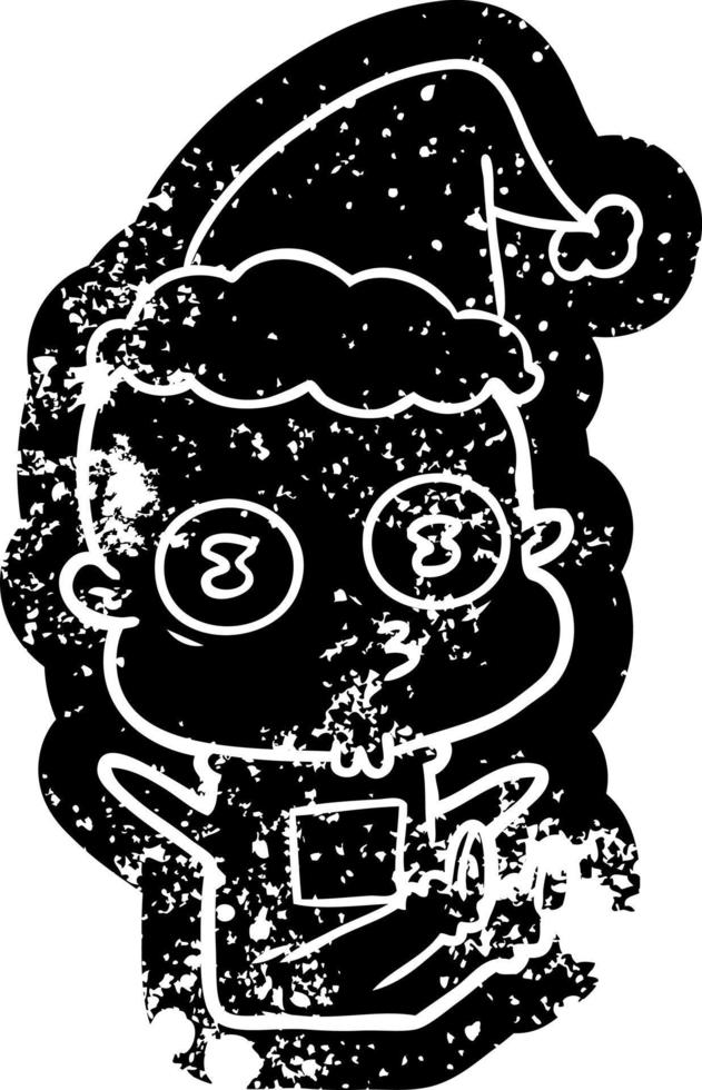 cartoon distressed icon of a weird bald spaceman wearing santa hat vector