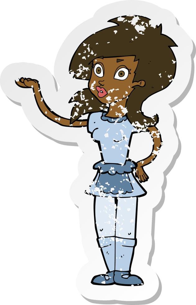 retro distressed sticker of a cartoon pretty waitress vector