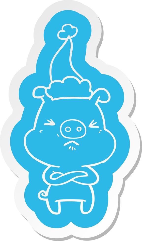 cartoon  sticker of a angry pig wearing santa hat vector