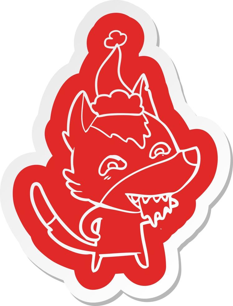 cartoon  sticker of a hungry wolf wearing santa hat vector