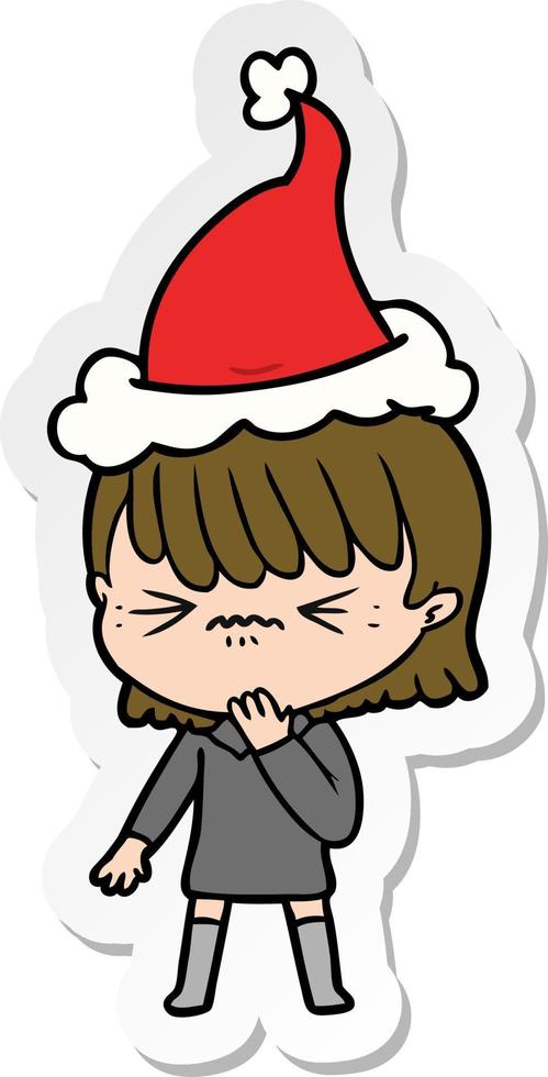 sticker cartoon of a girl regretting a mistake wearing santa hat vector