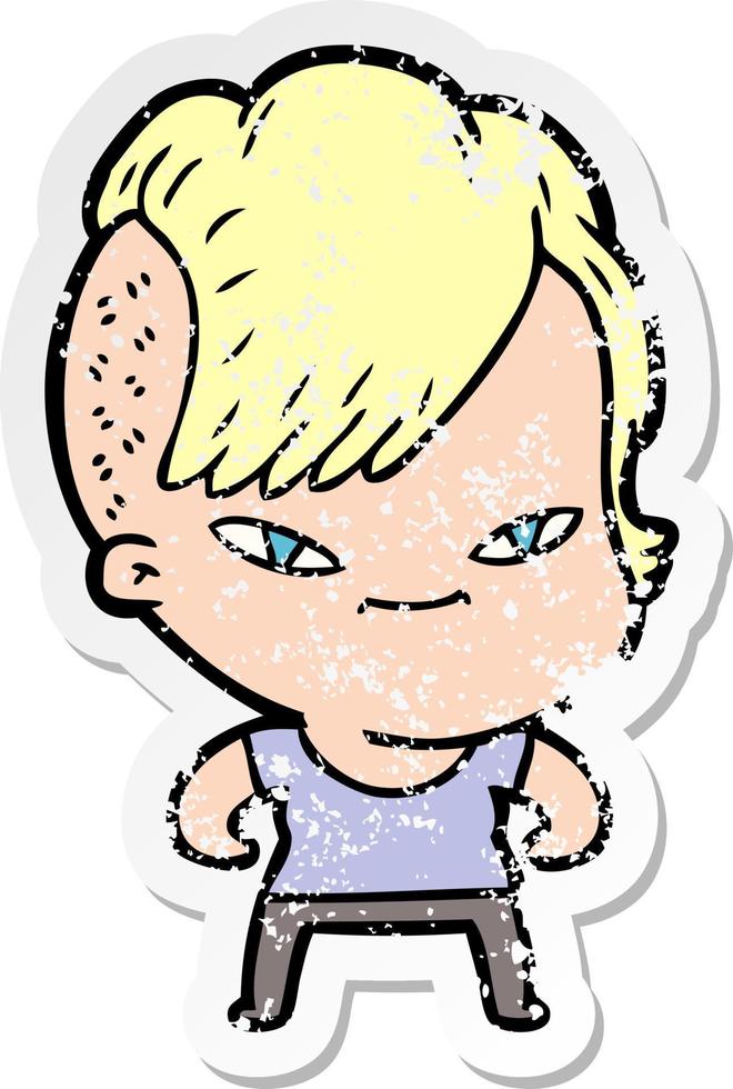 distressed sticker of a cute cartoon girl with hipster haircut vector