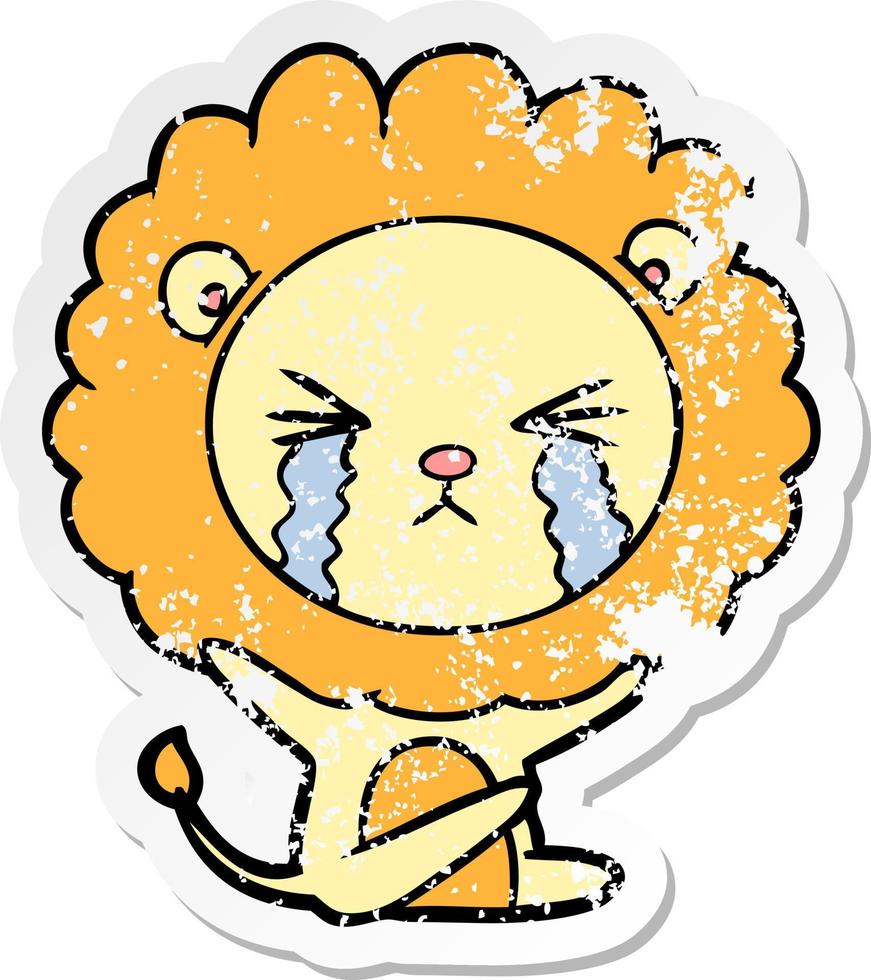 distressed sticker of a cartoon crying lion vector