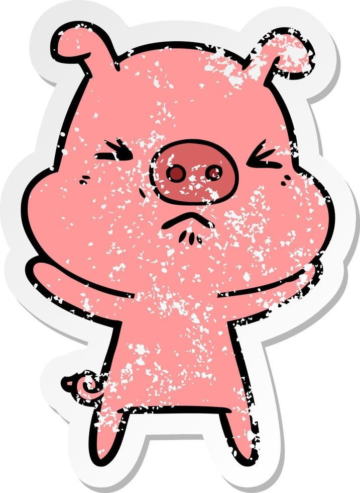distressed sticker of a cartoon angry pig vector