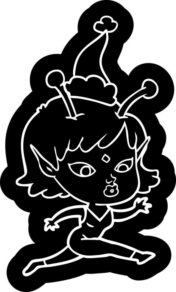 Bonito icono de dibujos animados de una chica alienígena corriendo con sombrero de Papá Noel vector