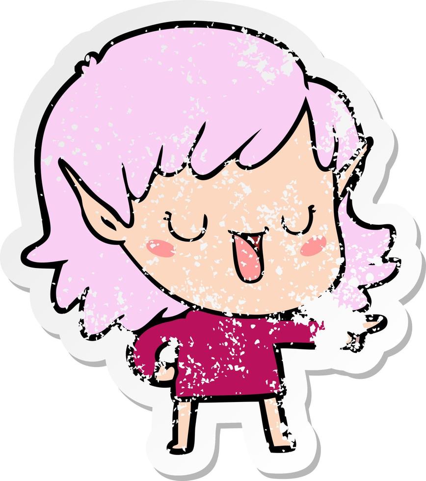 distressed sticker of a cartoon elf girl vector