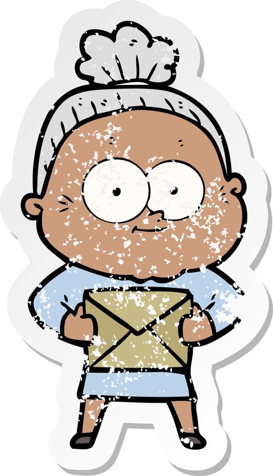 distressed sticker of a cartoon happy old woman vector