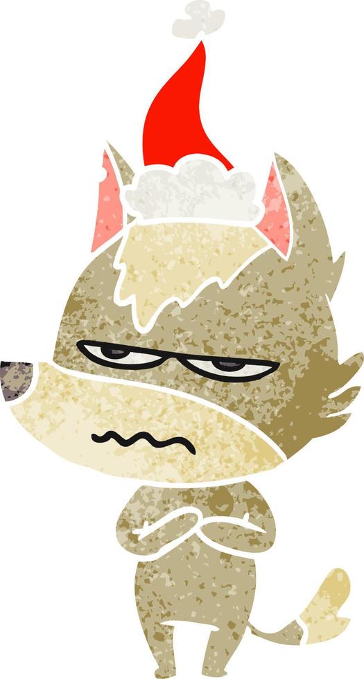 retro cartoon of a annoyed wolf wearing santa hat vector