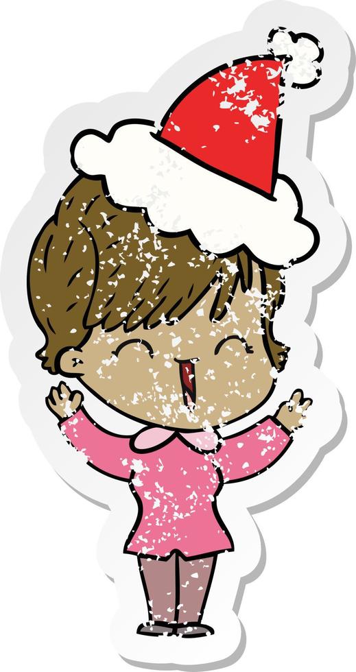 distressed sticker cartoon of a laughing woman wearing santa hat vector