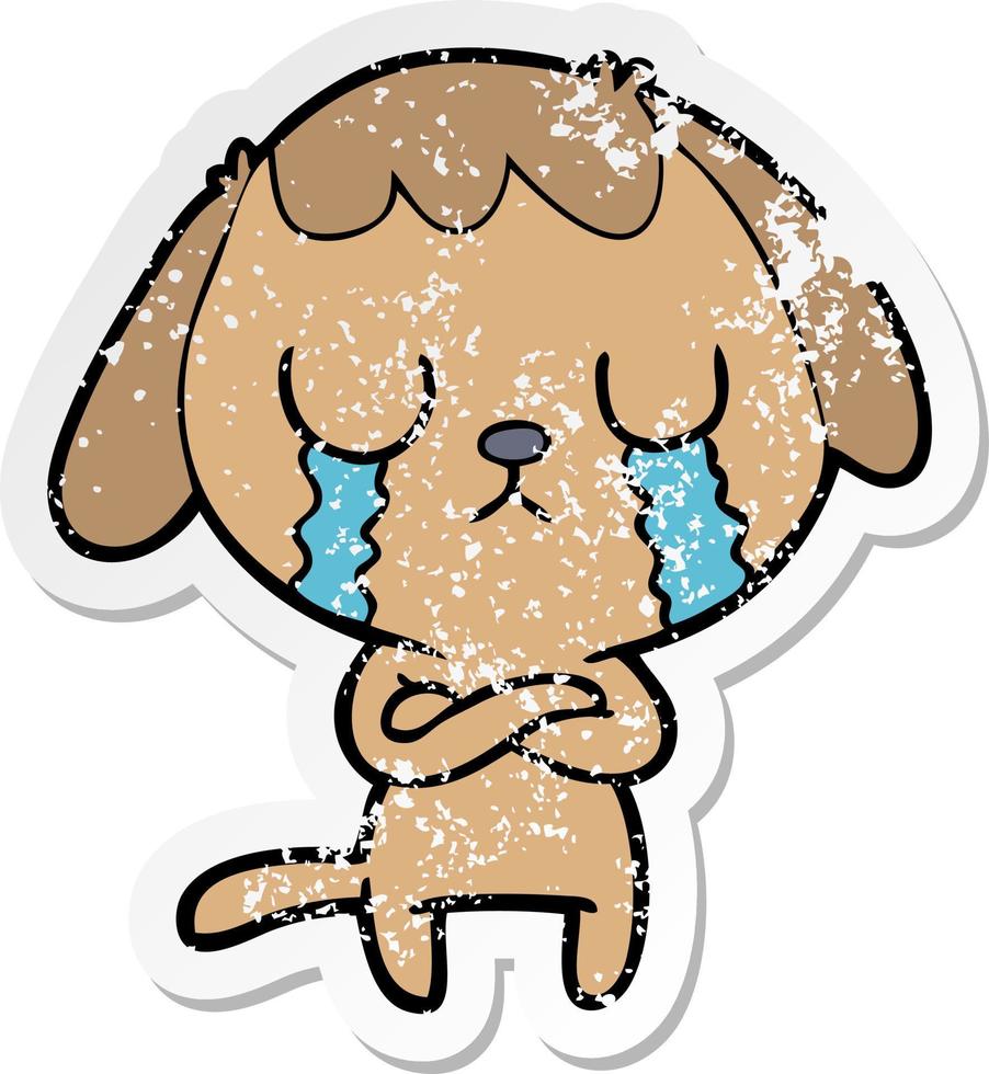 distressed sticker of a cute cartoon dog crying vector