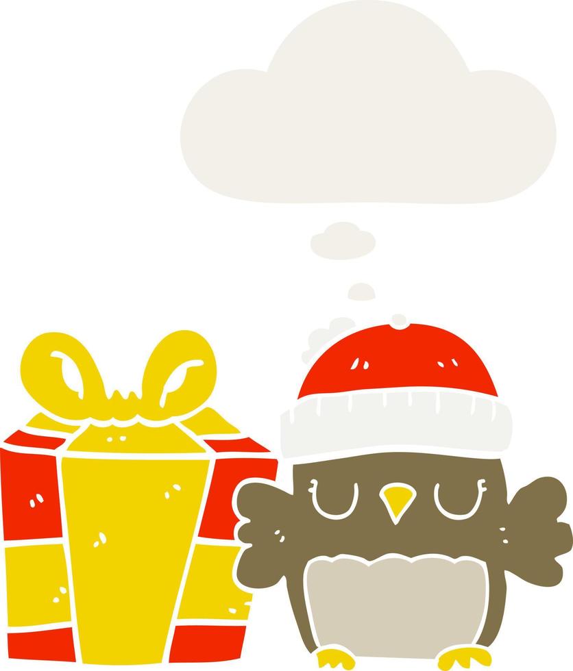 cute christmas owl and thought bubble in retro style vector