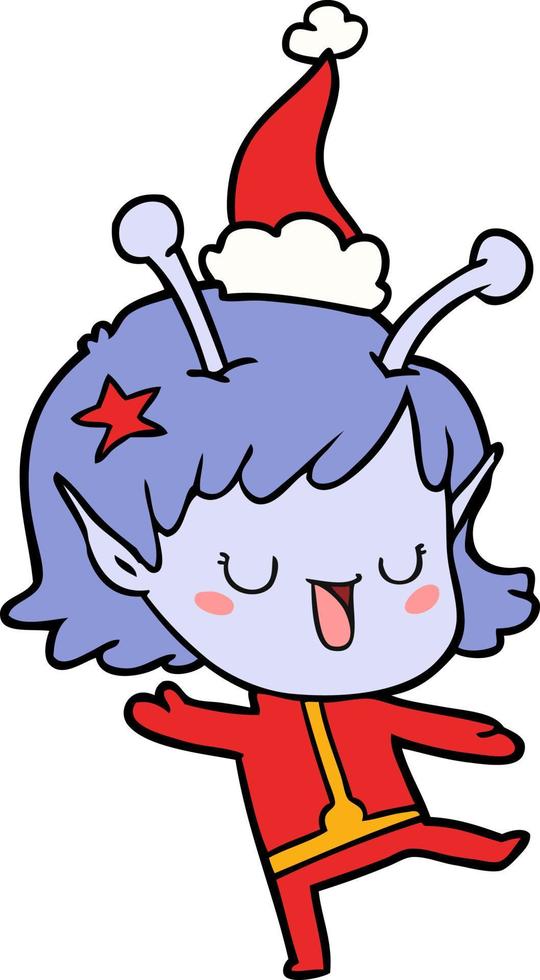 happy alien girl line drawing of a wearing santa hat vector