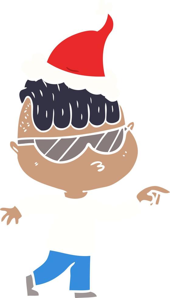 flat color illustration of a boy wearing sunglasses pointing wearing santa hat vector