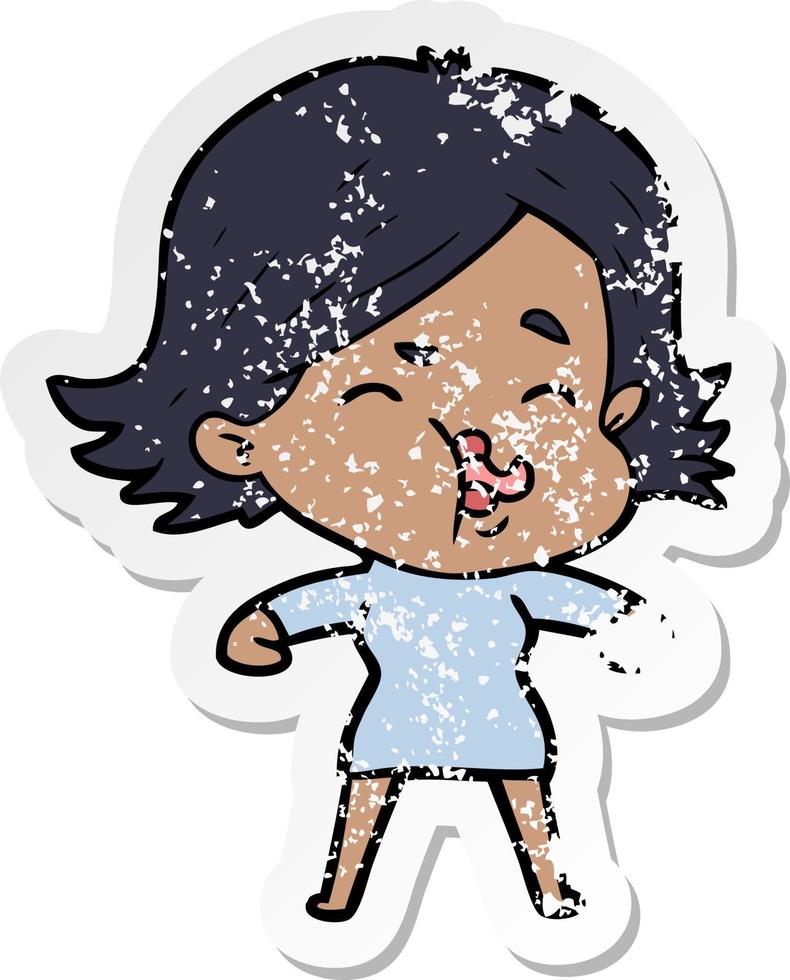 distressed sticker of a cartoon girl pulling face vector