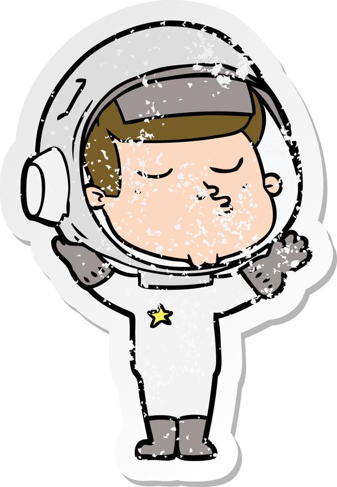 distressed sticker of a cartoon confident astronaut vector