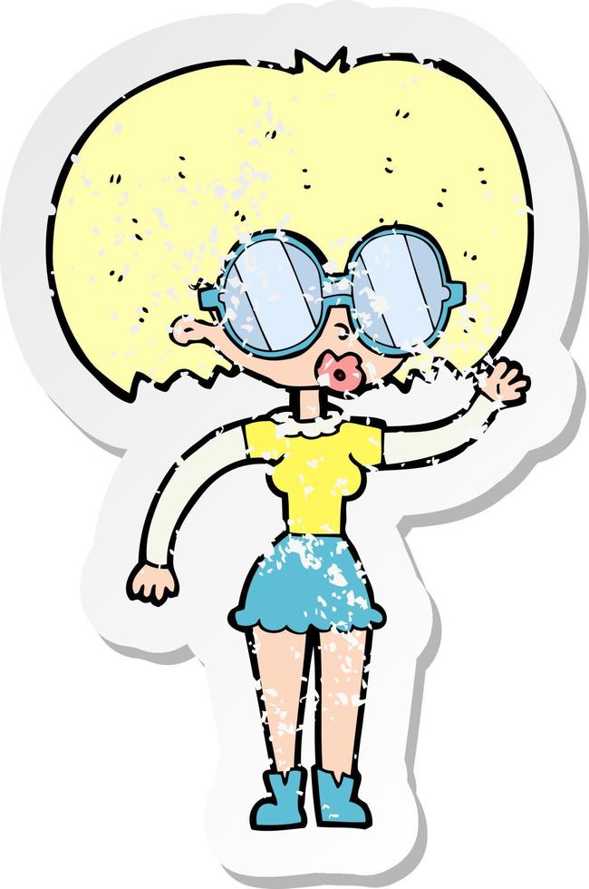 retro distressed sticker of a cartoon woman wearing spectacles vector