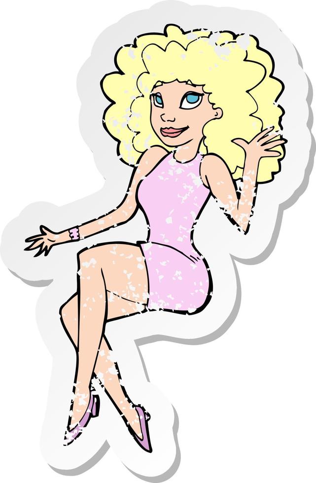retro distressed sticker of a cartoon sitting woman waving vector