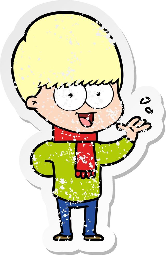 distressed sticker of a happy cartoon boy waving vector