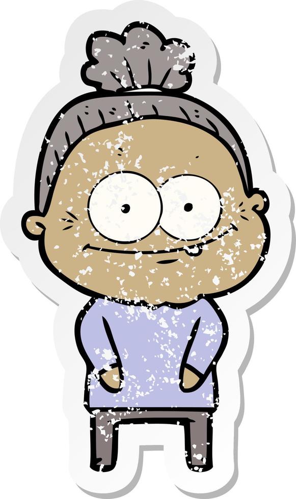 distressed sticker of a cartoon happy old woman vector