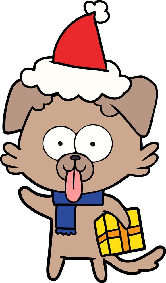 line drawing of a dog with christmas present wearing santa hat vector