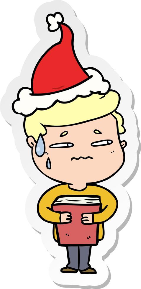 sticker cartoon of a anxious boy carrying book wearing santa hat vector